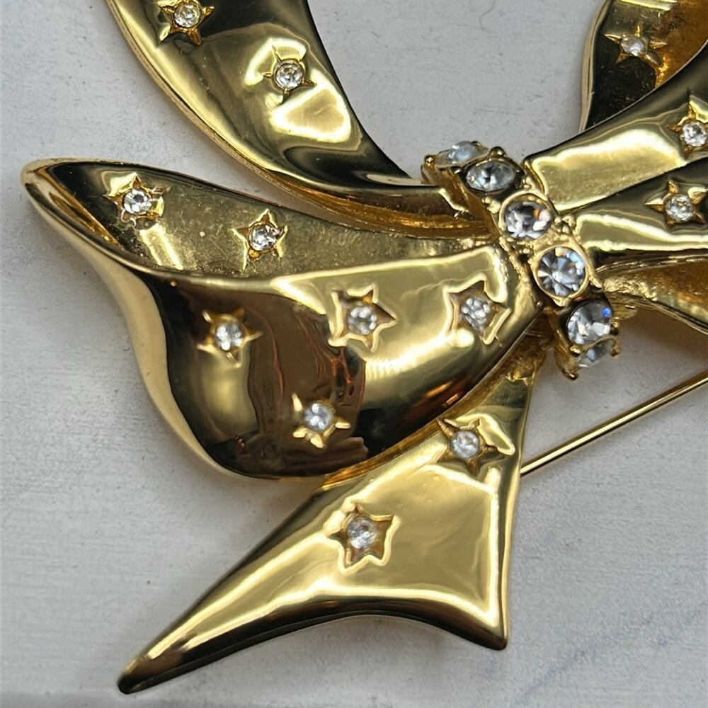 Joan Rivers Bow Ribbon Brooch Pin Gold tone Star Rhinestones #533 - Picture 4 of 8